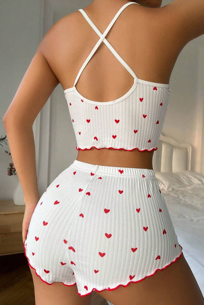 White Red Heart Bow Ruffle Comfy Cami Shorts 2Pc Sexy PJ Set