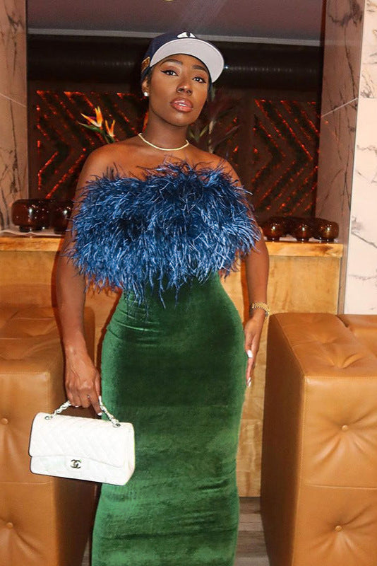 Blue Fur Green Velvet Strapless Midi Sexy Fitted Dress