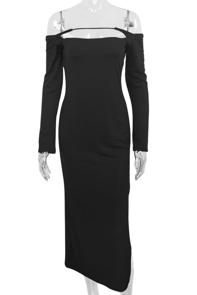 Black Off Shoulder Cut_Out Long Sleeve High Slit Sexy Maxi Dress