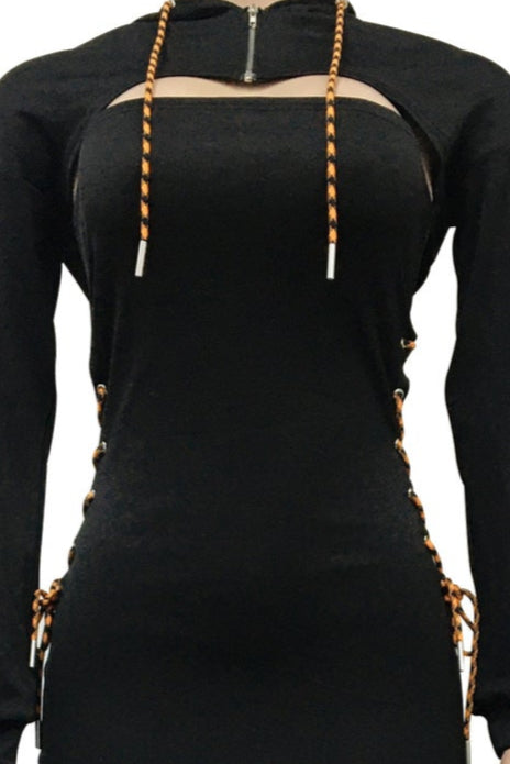 Black Hoodie Lace-Up Cut-Out Sexy Dress Outfit