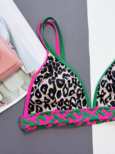 Pink Green Braided Leopard Triangle Cheeky Sexy 2Pc Swimsuit Set