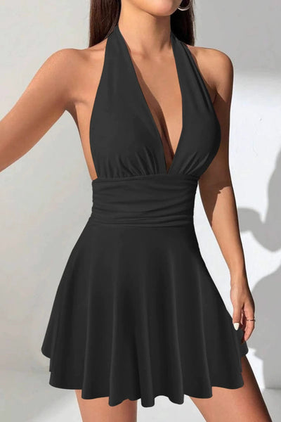 Black Halter Plunging Neck Ruched Waist Tie Back Sexy Party Dress