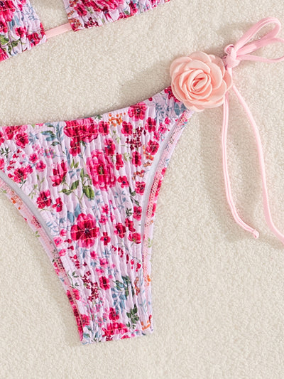 Pink Floral Smocked 3D Flower Rosette Sexy 2Pc Swimsuit Set