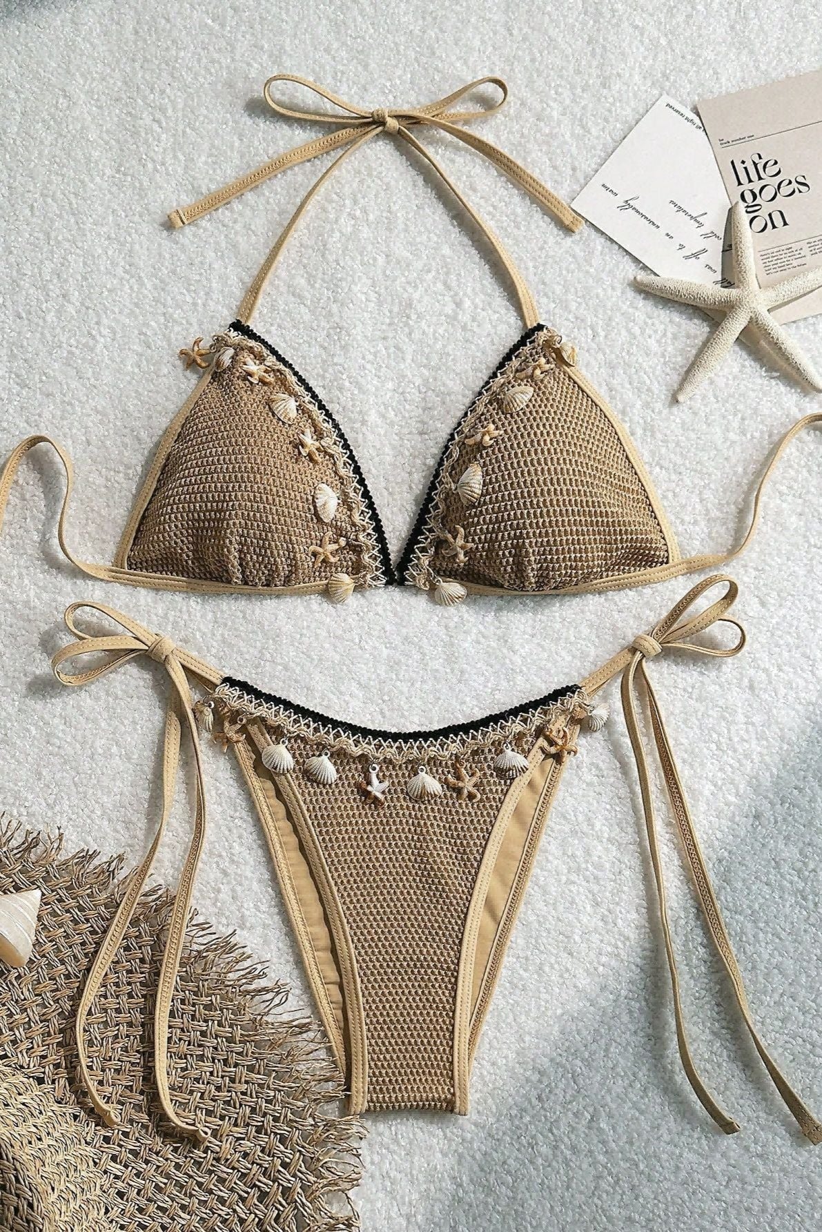 Khaki Netted Sea Shell Starfish Sexy 2Pc Swimsuit Set Bikini