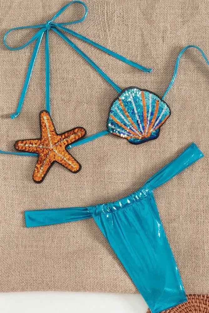 Blue Metallic Sequin Starfish Seashell Sexy 2Pc Thong Bikini