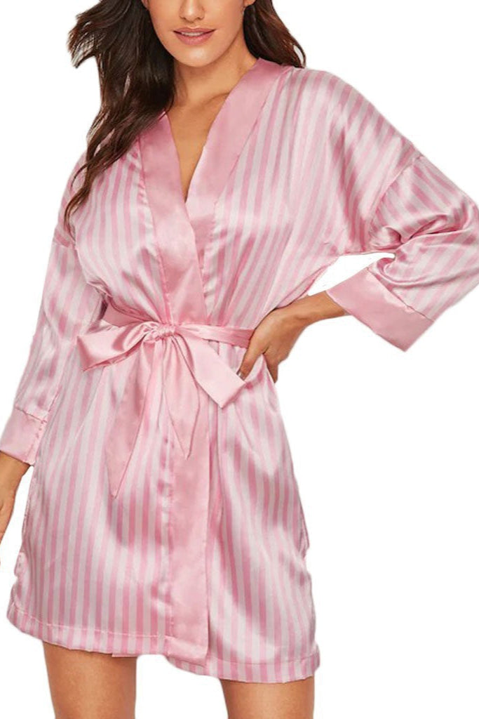 Pink Stripes Satin 2Pc Robe Sexy Lingerie Set