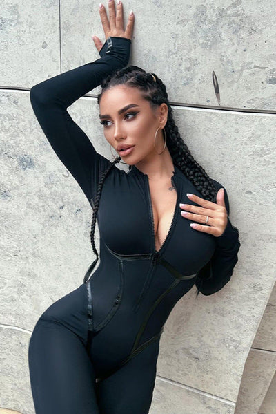 Black Long Sleeve Fitted Zipper Faux Leather Corset Piping Sexy Fitted Jumpsuit