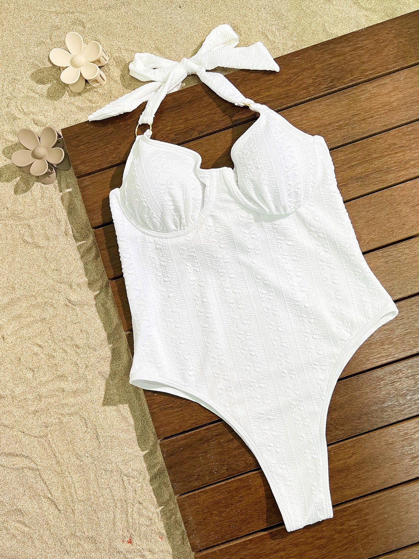 White Textured Halter Push-Up Tie Back Monokini Sexy 1Pc Swimsuit