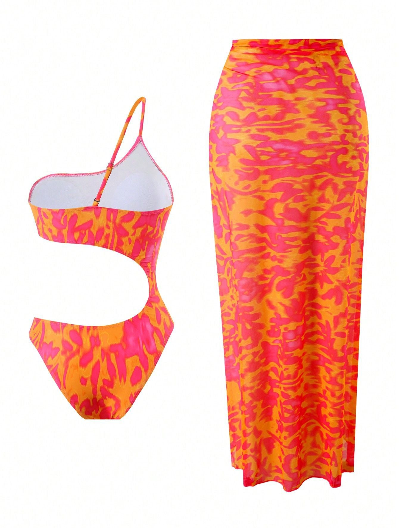 Orange Leopard One Should Monokini Maxi Cover-Up Skirt Sexy 2Pc Swimsuit Set