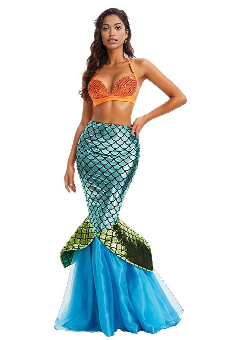 Orange Sequin Blue Green Metallic Scale Fitted Sexy Mermaid Costume