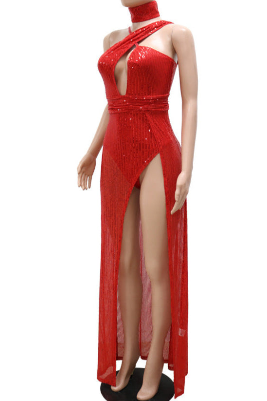 Red Sequin One Shoulder Cut-Out Asymmetrical Sexy Maxi Dress Jessica Costume