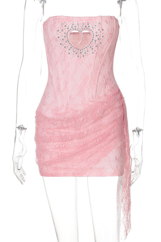 Pink Lace Rhinestone Heart Boned Dress Sexy Sabrina Pop Singer Costume