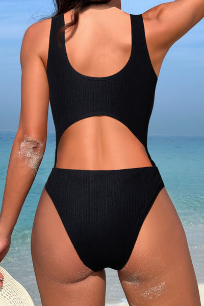 Black Textured Fabric Gem Cut-Out Sexy 1Pc Swimsuit Monokini