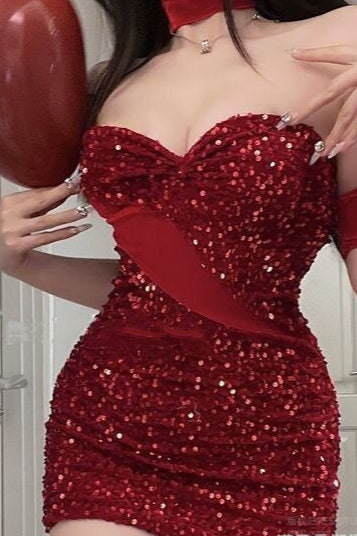 Red Sequin Strapless Mini Dress Cabaret Singer Jessica Sexy Costume