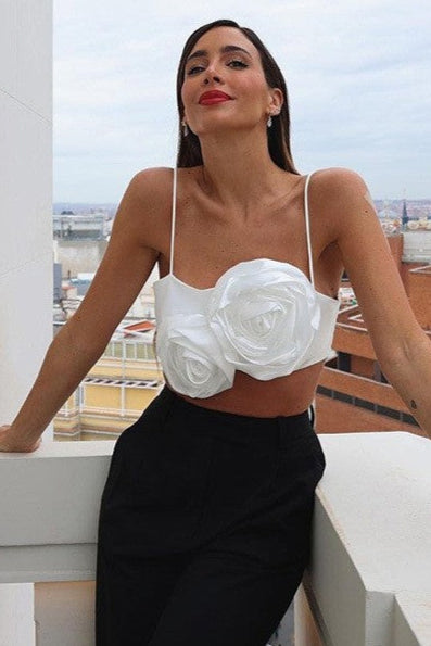 White Oversized 3D Flowers Rosette Sexy Crop Top