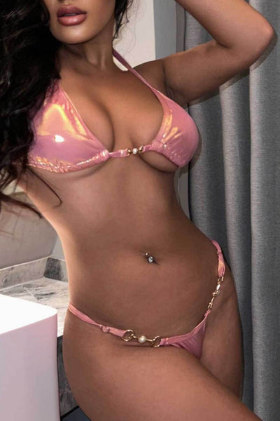 Pink Holographic Triangle Cheeky Designer Buckle Pearl Sexy 2Pc Swimsuit Set