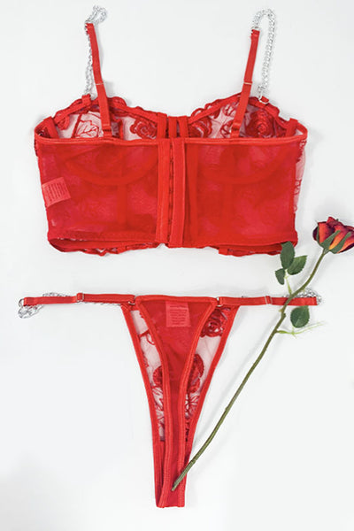 Red Rose Lace Mesh Wired Boned Corset Chain Thong Sexy 2Pc Lingerie Set