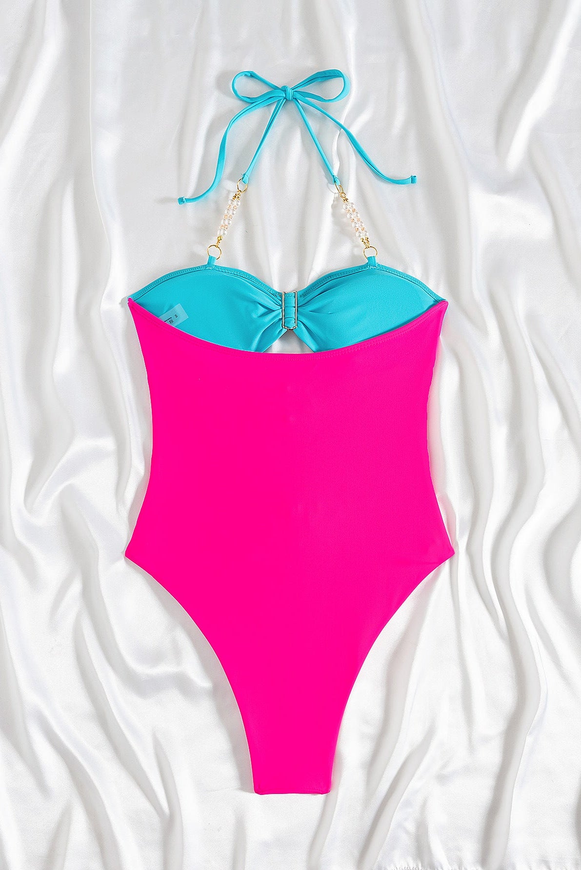 Pink Blue Pearl Gold Decor Cut-Out Sexy Cheeky Monokini 1Pc Swimsuit