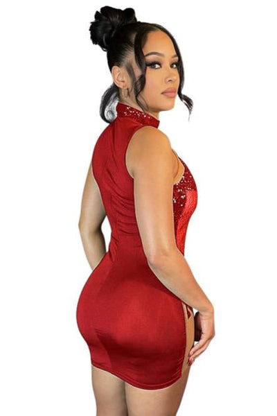 Red Sequin Nude Mesh Sexy Fitted Party Dress