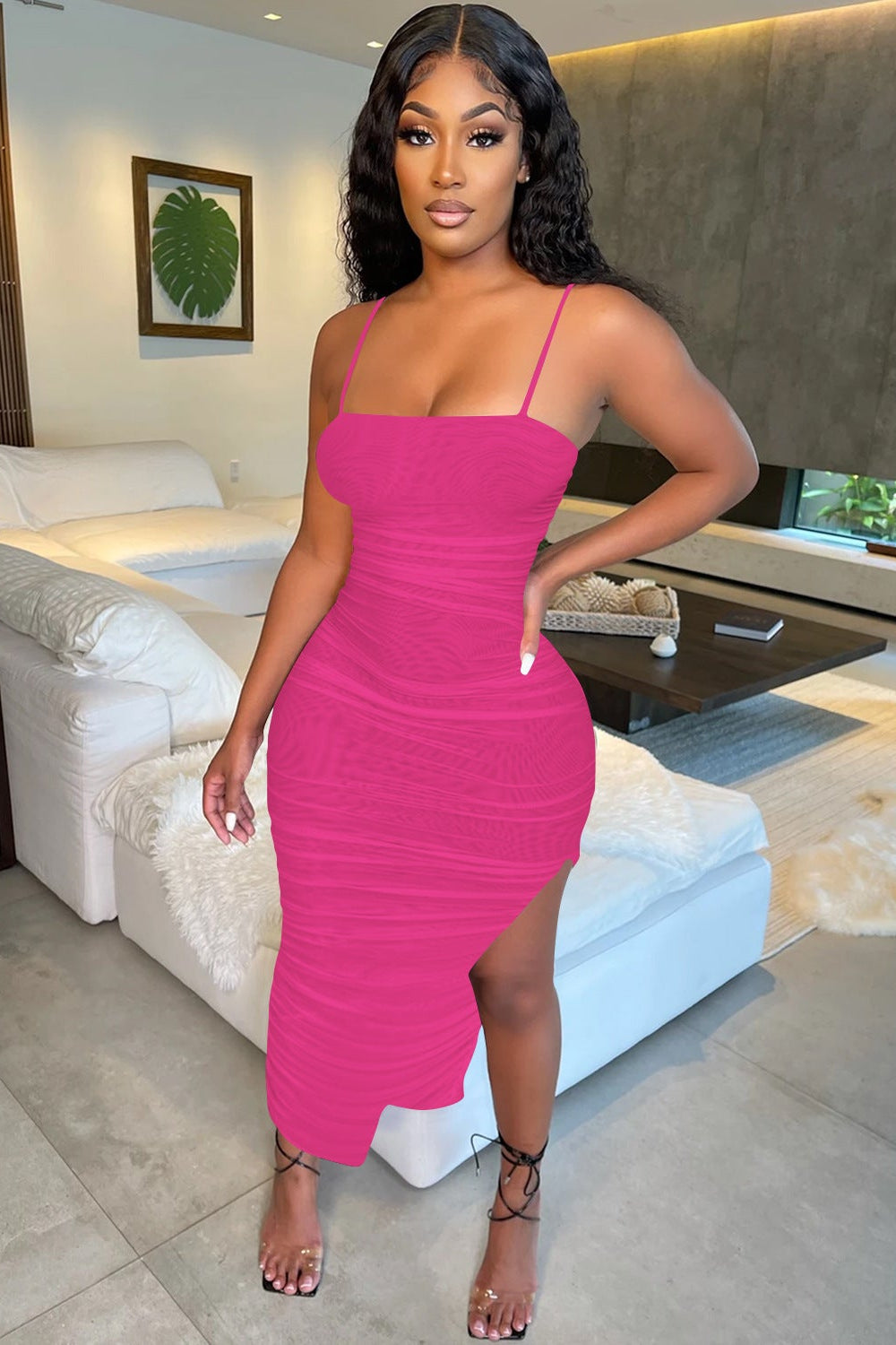 Pink Mesh Ruched Sleeveless Side Slit Sexy Fitted Long Dress