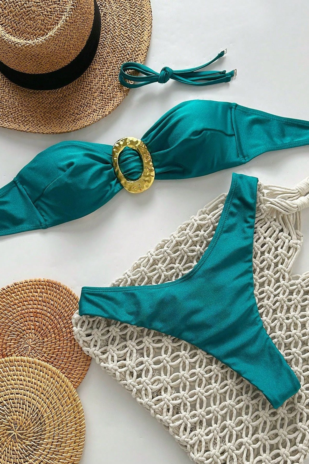 Jade Green Gold Decor Bandeau Ruched Butt Thong Sexy 2Pc Swimsuit Bikini