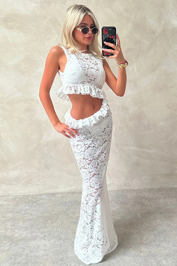 White Lace Ruffle Side Cut-Out Sexy Full Length Maxi Dress