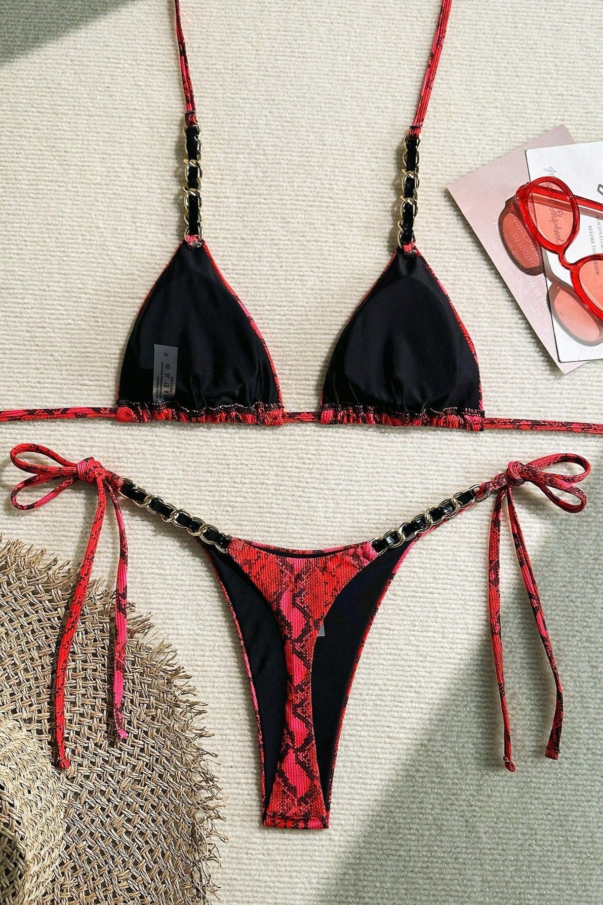 Red Snake Print Chain Thong Sexy 2Pc Swimsuit Set Bikini