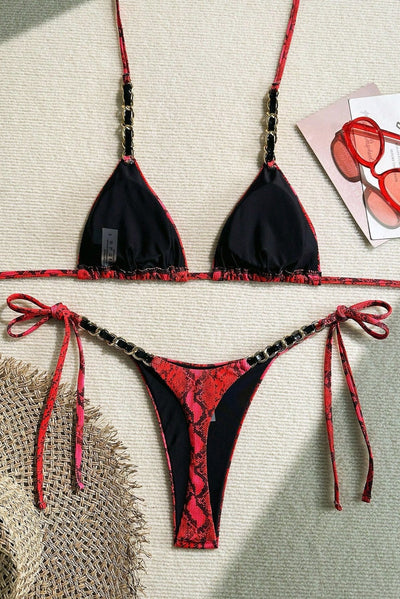 Red Snake Print Chain Thong Sexy 2Pc Swimsuit Set Bikini