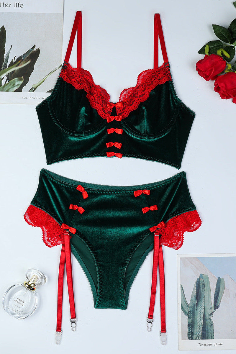 Green Velvet Red Lace Bows Bra Boy Shorts Garters Sexy 2Pc Holiday Lingerie Elf Costume