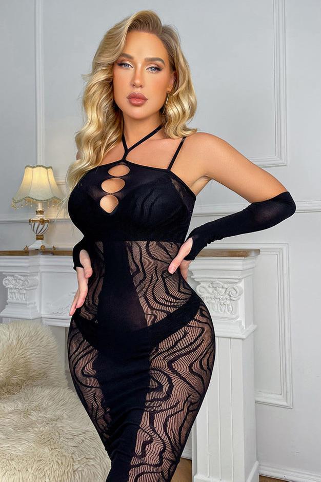 Black Stretchy Halter Arm Warmers Fitted 3Pc Sexy Dress Outfit