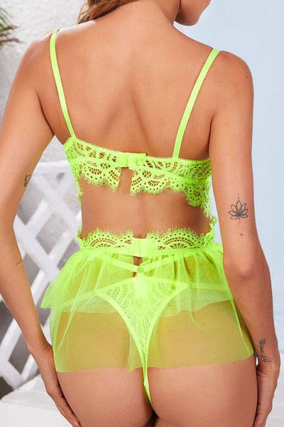 Lime Lace Mesh Tutu Ruffle Thong Garter Sexy 5Pc Lingerie Set