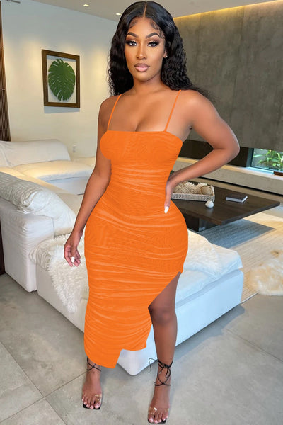 Orange Mesh Ruched Sleeveless Side Slit Sexy Fitted Long Dress