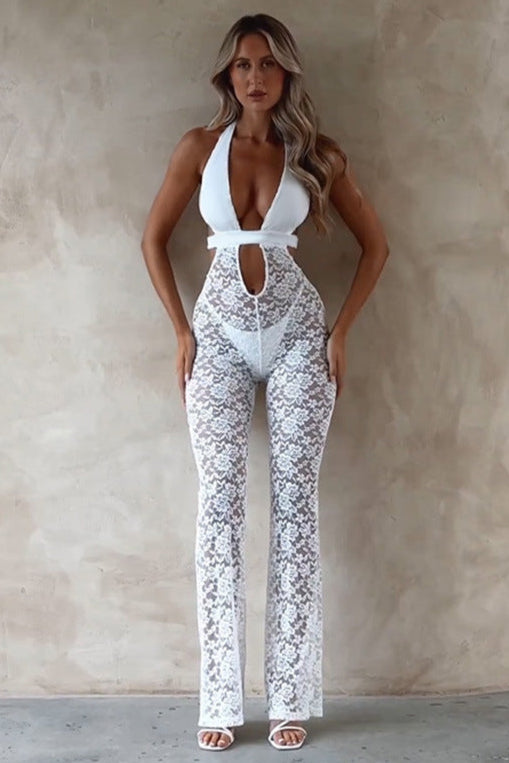 White Halter Plunging Lace Flare Tie Back Sexy Jumpsuit Outfit