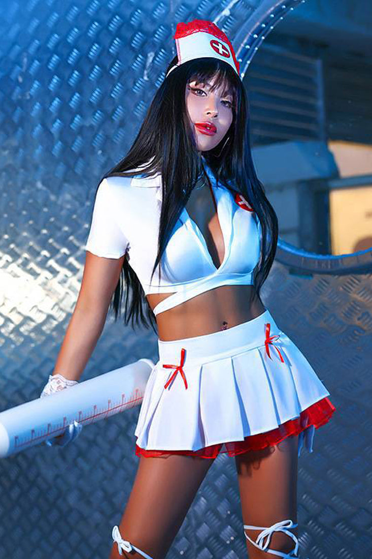 White Red Cut-Out Bra Skirt Sexy 4Pc Nurse Costume Cosplay