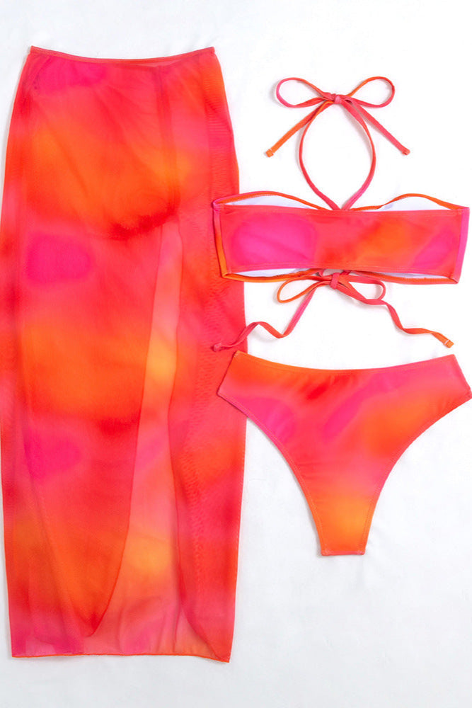 Orange Tie Dye Halter Mesh Skirt Cover-Up Sexy 3Pc Swimsuit Set