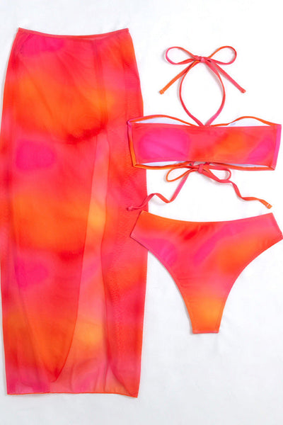 Orange Tie Dye Halter Mesh Skirt Cover-Up Sexy 3Pc Swimsuit Set