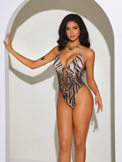 Tiger Print Halter Cheeky Monokini Sexy 1Pc Swimsuit