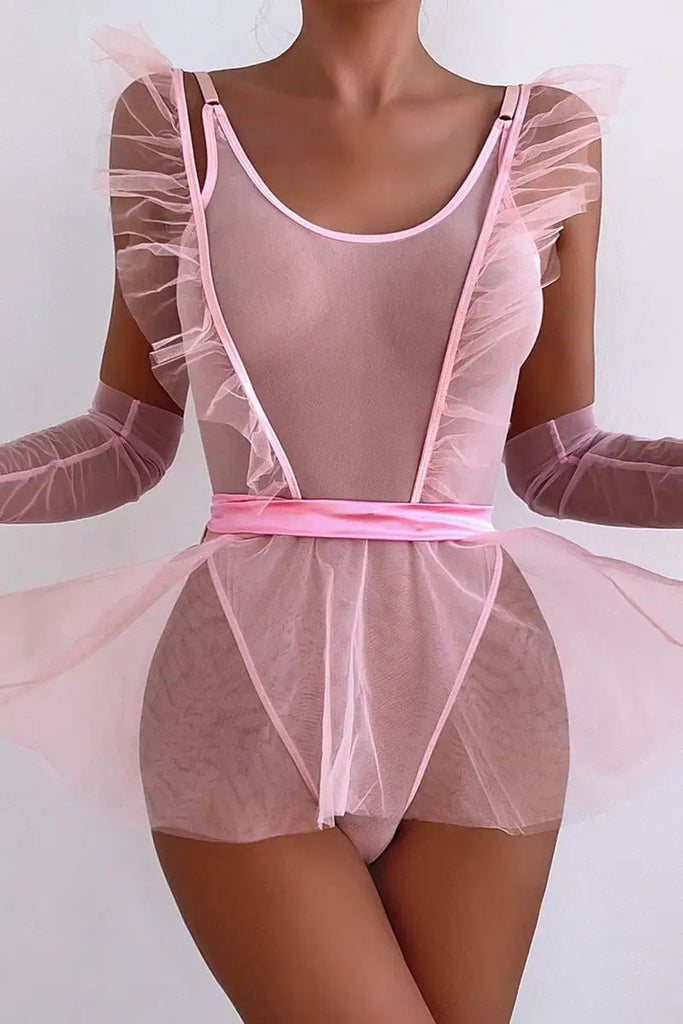Pink Mesh Ruffle Bodysuit Suspenders Overall Skirt Sexy 2Pc Lingerie Set
