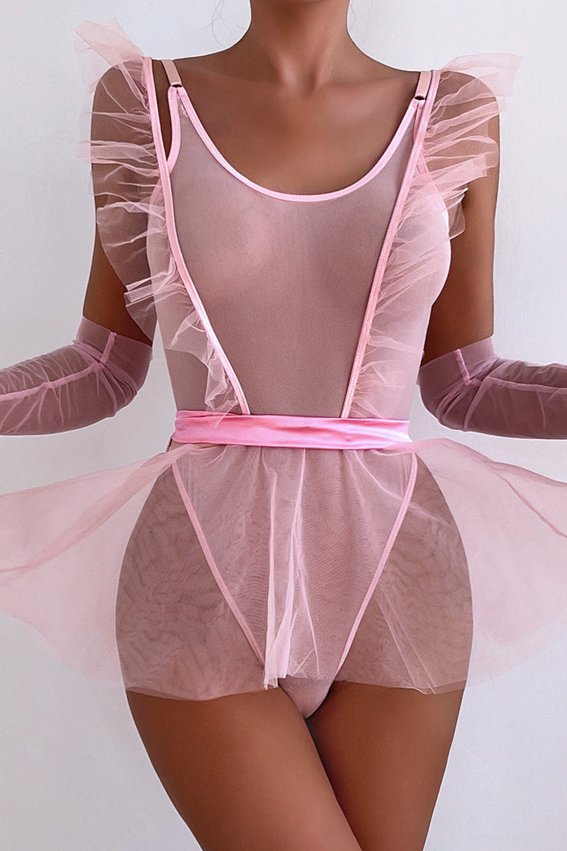 Pink Mesh Ruffle Bodysuit Suspenders Overall Skirt Sexy 2Pc Lingerie Set