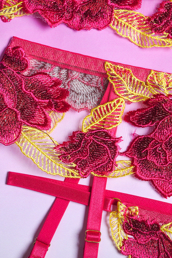 Yellow Fuchsia Floral Embroidered Mesh Underwire Sexy Lingerie 3 Pc Set