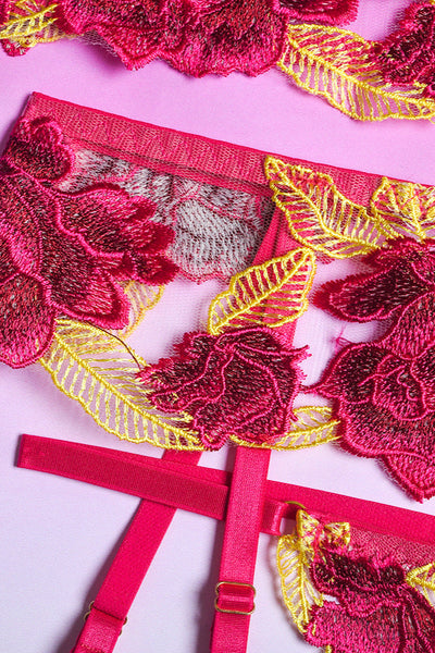 Yellow Fuchsia Floral Embroidered Mesh Underwire Sexy Lingerie 3 Pc Set