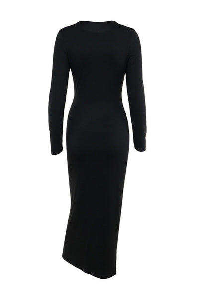 Black Mesh Cut-Out Long Sleeve Sexy Fitted Midi Party Dress