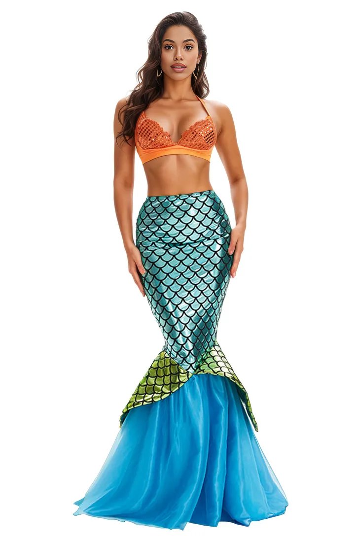 Orange Sequin Blue Green Metallic Scale Fitted Sexy Mermaid Costume