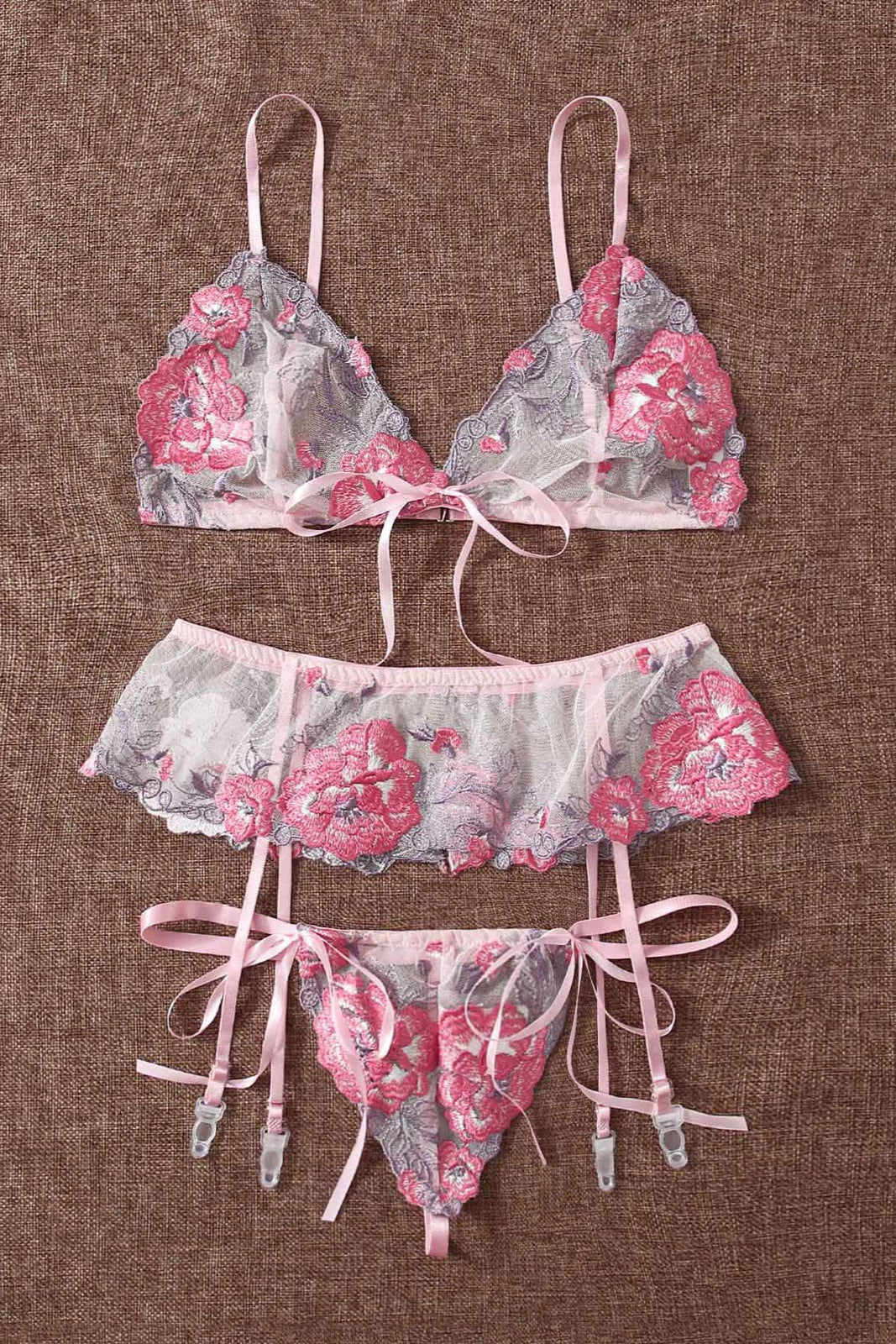 Sexy Pink Floral Embroidery Mesh Ribbon Lingerie 3 Pc Set