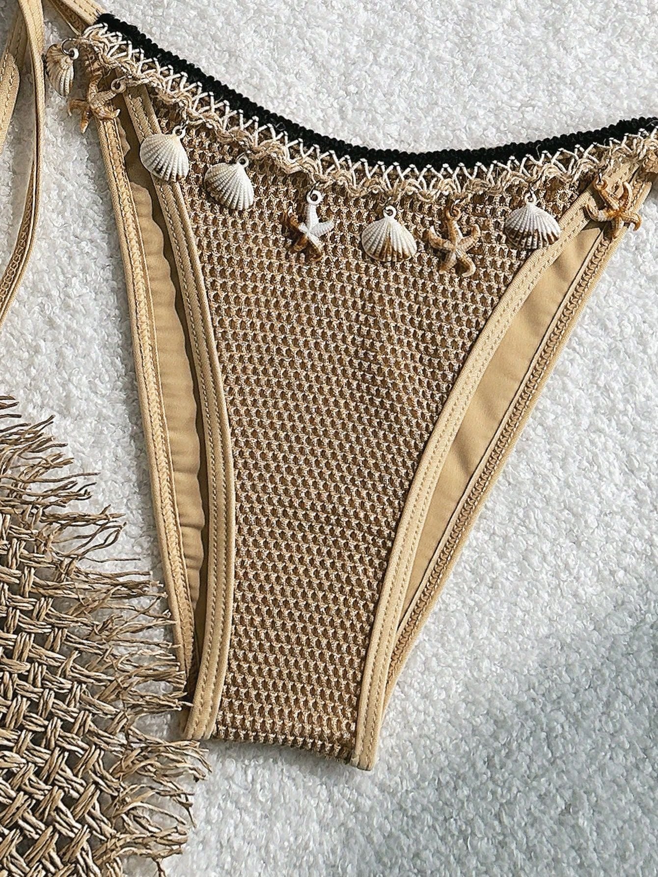 Khaki Netted Sea Shell Starfish Sexy 2Pc Swimsuit Set Bikini