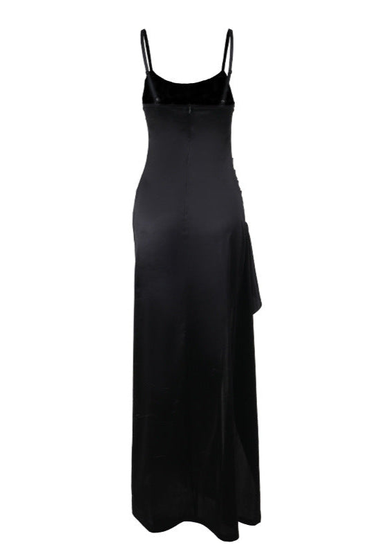 Black Stretchy Satin Boned Corset Mesh Sexy Slit Maxi Party Dress