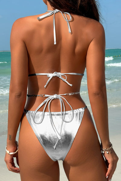 Silver Metallic Butterfly Chain Triangle Cheeky Sexy 3Pc Swimsuit Set