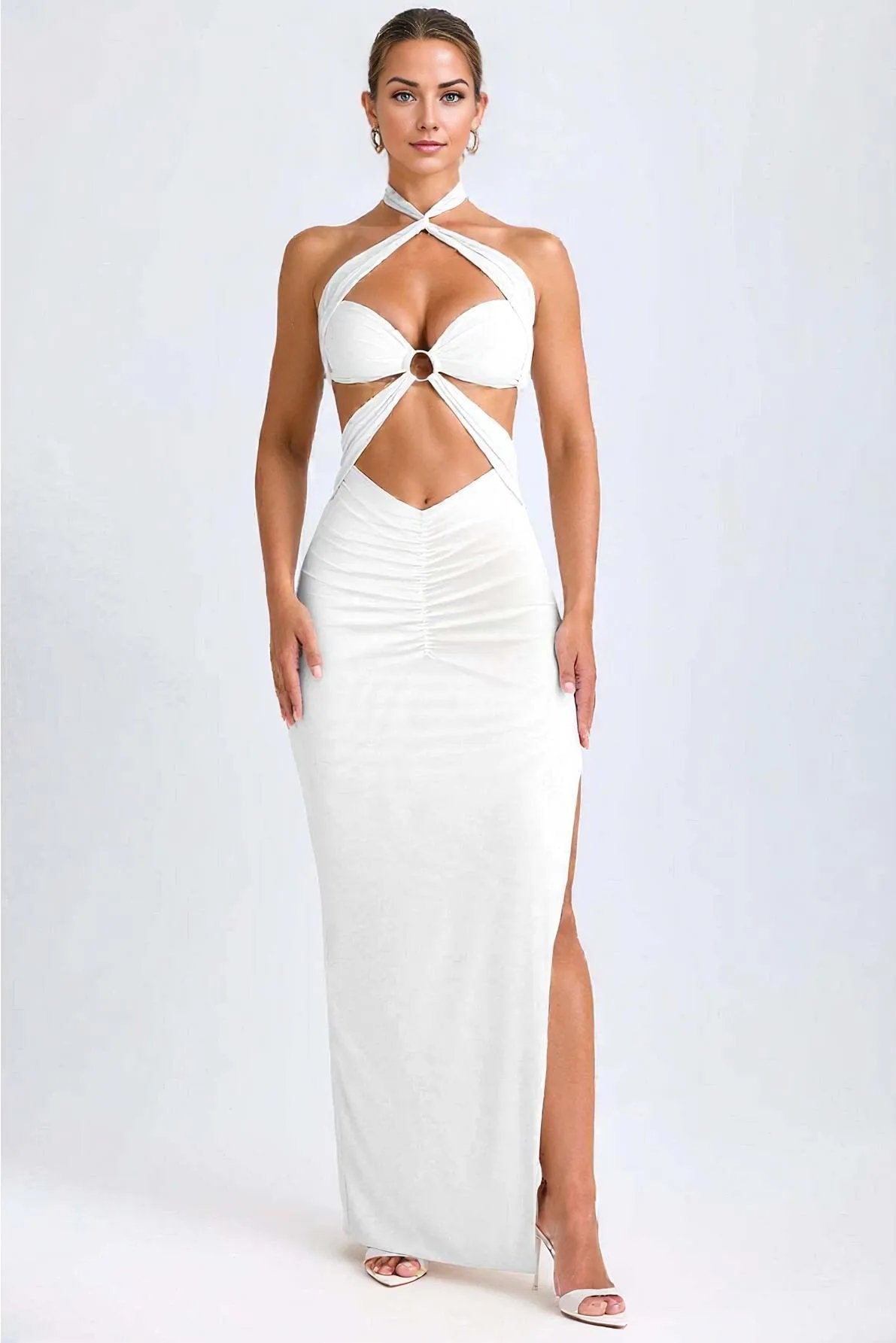 White O-Ring Halter Cut-Out Ruched Front Back Sexy Midi Dress