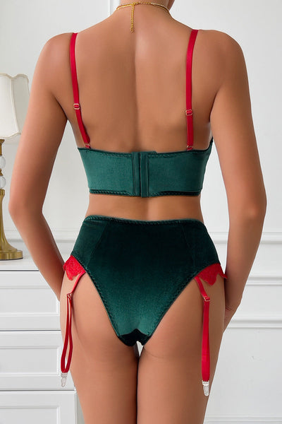 Green Velvet Red Lace Bows Bra Boy Shorts Garters Sexy 2Pc Holiday Lingerie Elf Costume