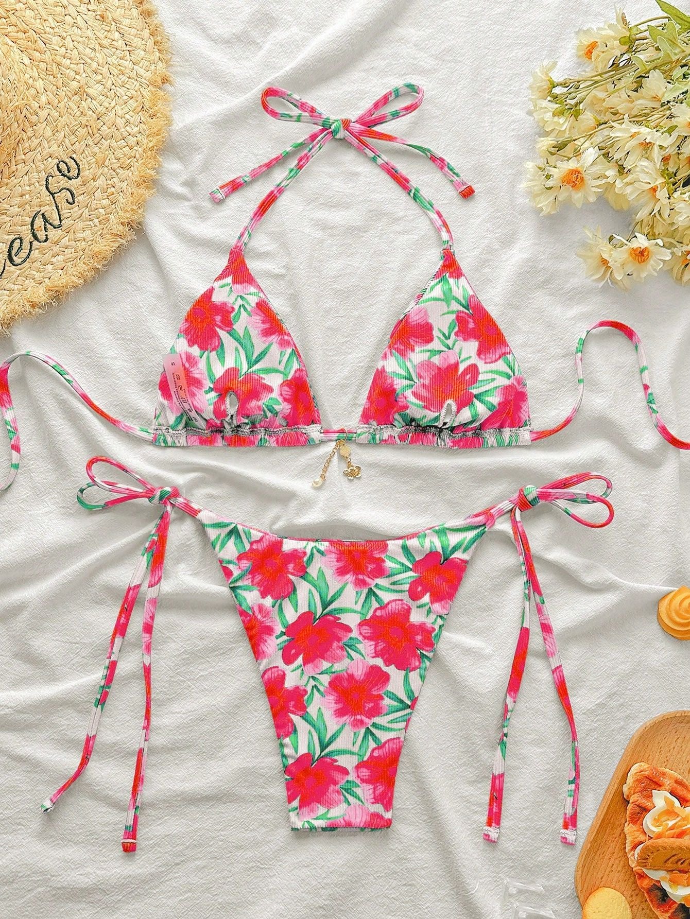 Hot Pink Floral Print Ribbed Flower Charm Sexy 2Pc Swimsuit Set Bikini